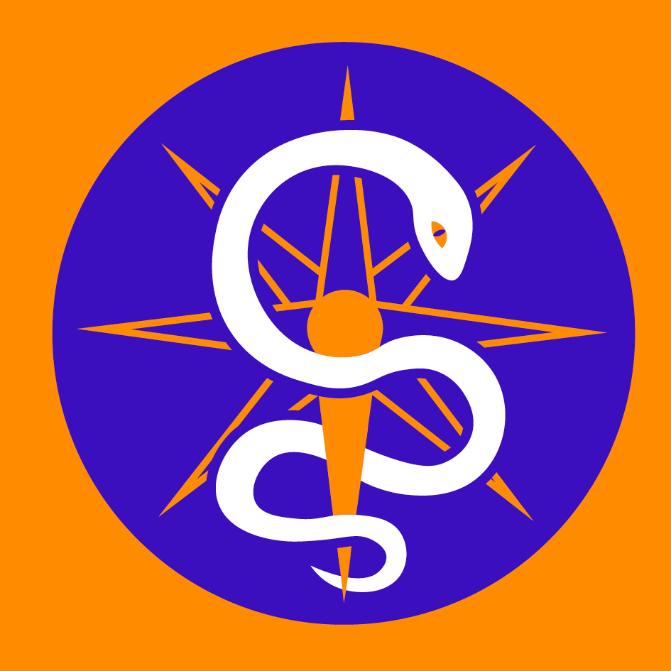 Logo des Kompass für kritische Medizin: weiße Schlange vor einem blauen Kompass